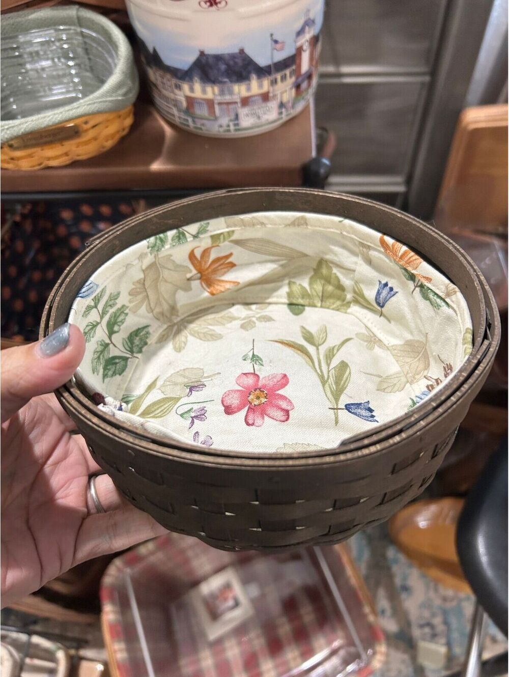 Longaberger Deep Brown keeping basket & botanical fields liner